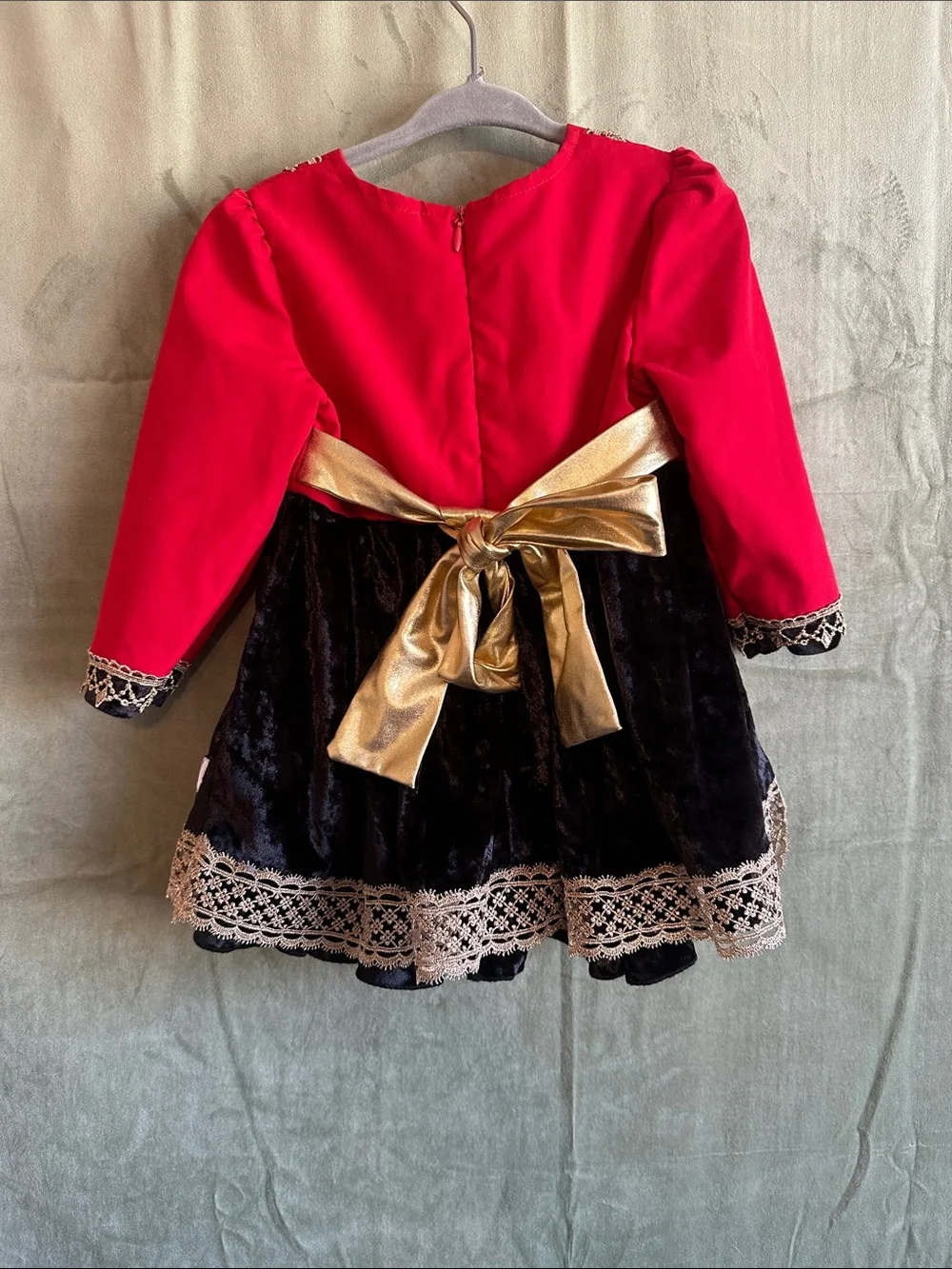 #951 Girls' Red and Black Velvet Holiday Costume Dress with Gold Trim handmade